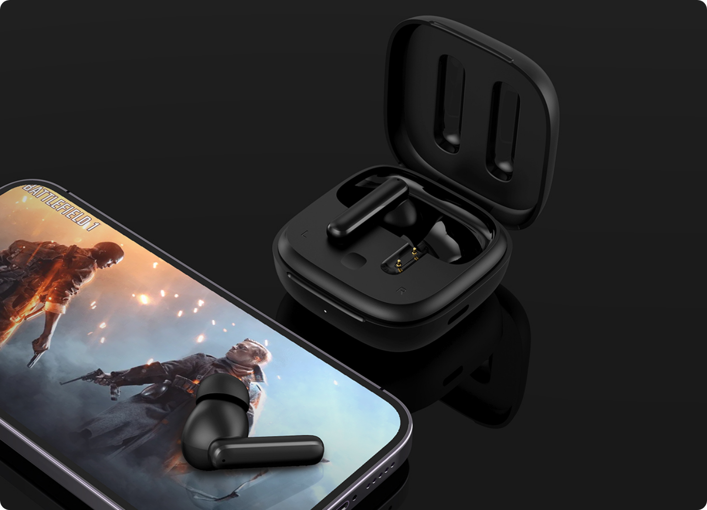 Auriculares Bluetooth pretos com estojo de carregamento ao lado de um smartphone, Battlefield 1 no ecrã.