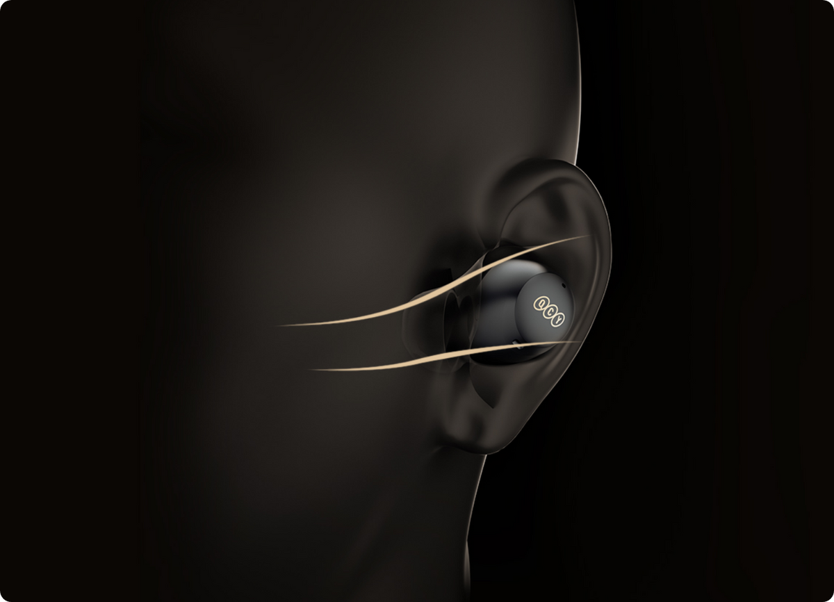Auscultadores Bluetooth QCY pretos no ouvido com representação de ondas sonoras em fundo escuro.