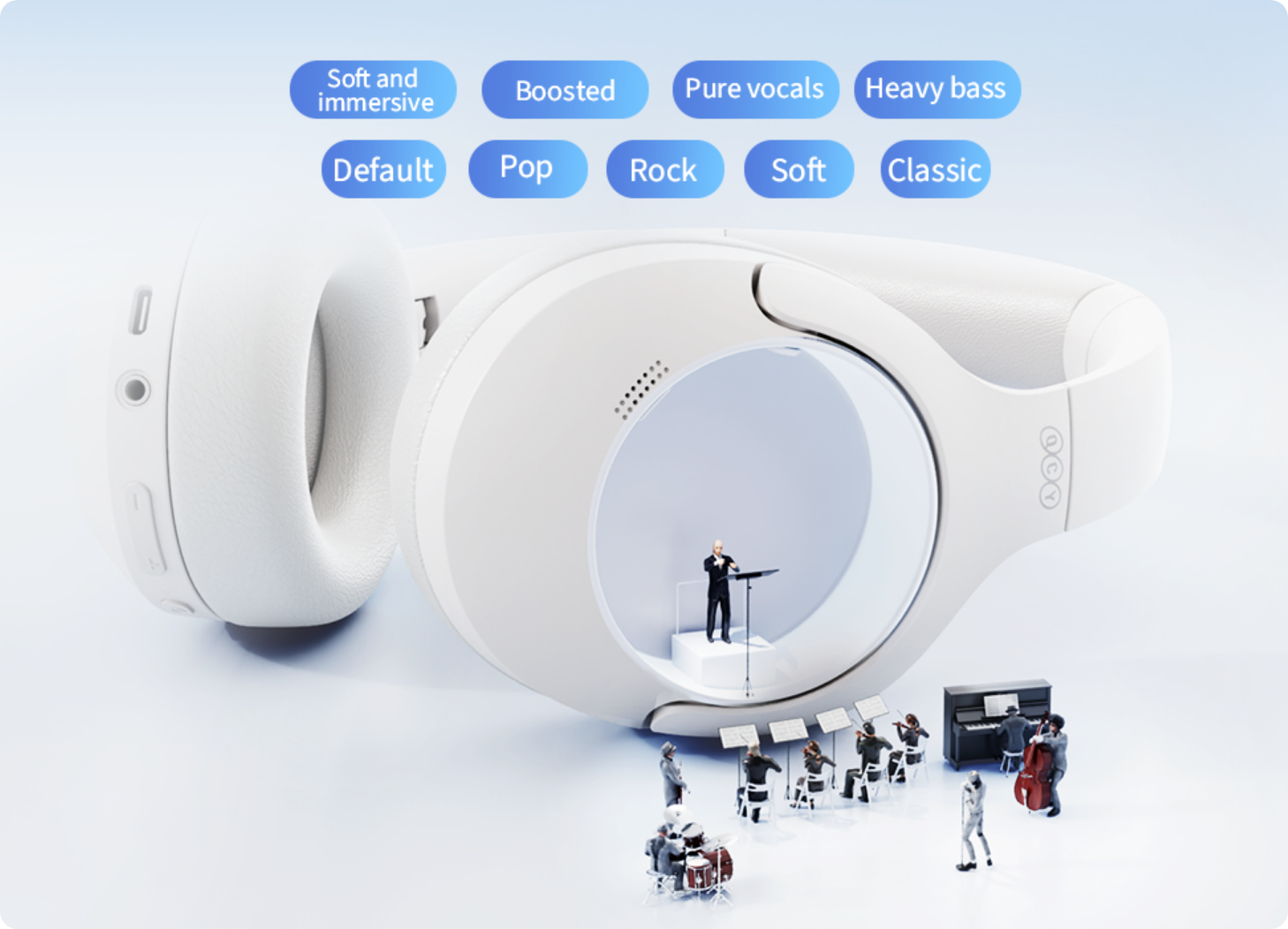 Auriculares over-ear brancos com mini orquestra no interior da concha auricular e modos EQ como Pop, Rock, Clássico para som imersivo.