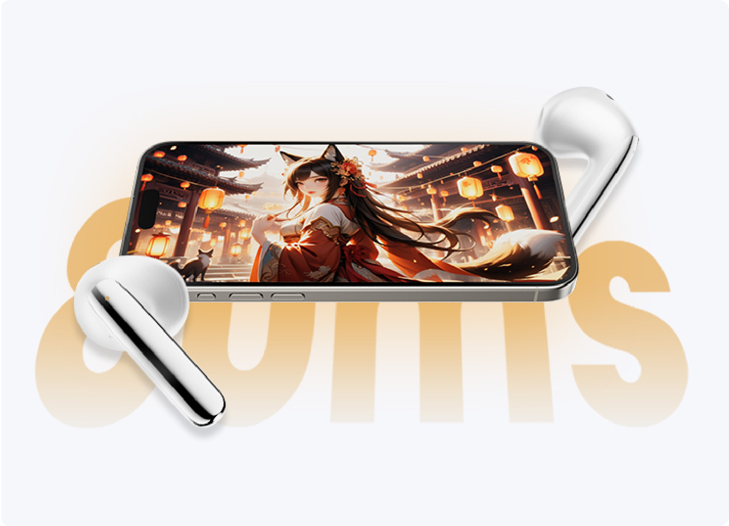 Auricular sem fios branco ao lado de smartphone com ecrã de anime, ideal para música e chamadas – design moderno e qualidade de som clara