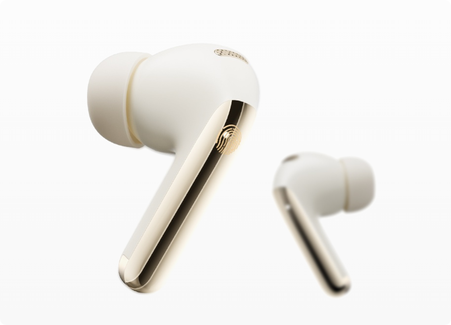 Auriculares intra-auriculares sem fios brancos com linha de destaque dourada e sensor de impressão digital em fundo branco.