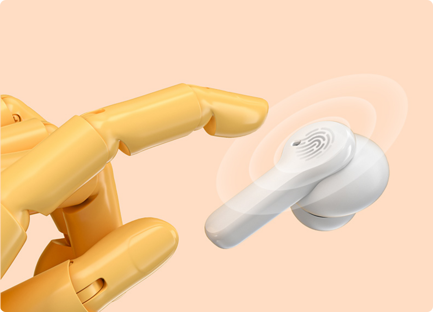 Auriculares sem fios brancos flutuam ao lado de uma mão robótica amarela sobre um fundo em tons pastéis.