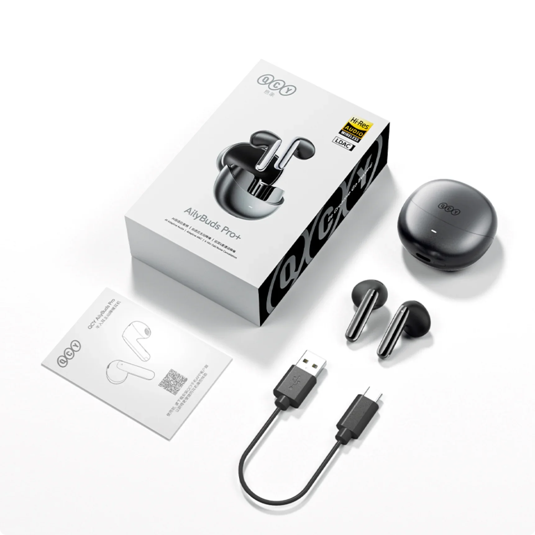 QCY AilyBuds Pro+ Auriculares sem fios com áudio Hi-Res, LDAC e cabo de carregamento USB-C incluído