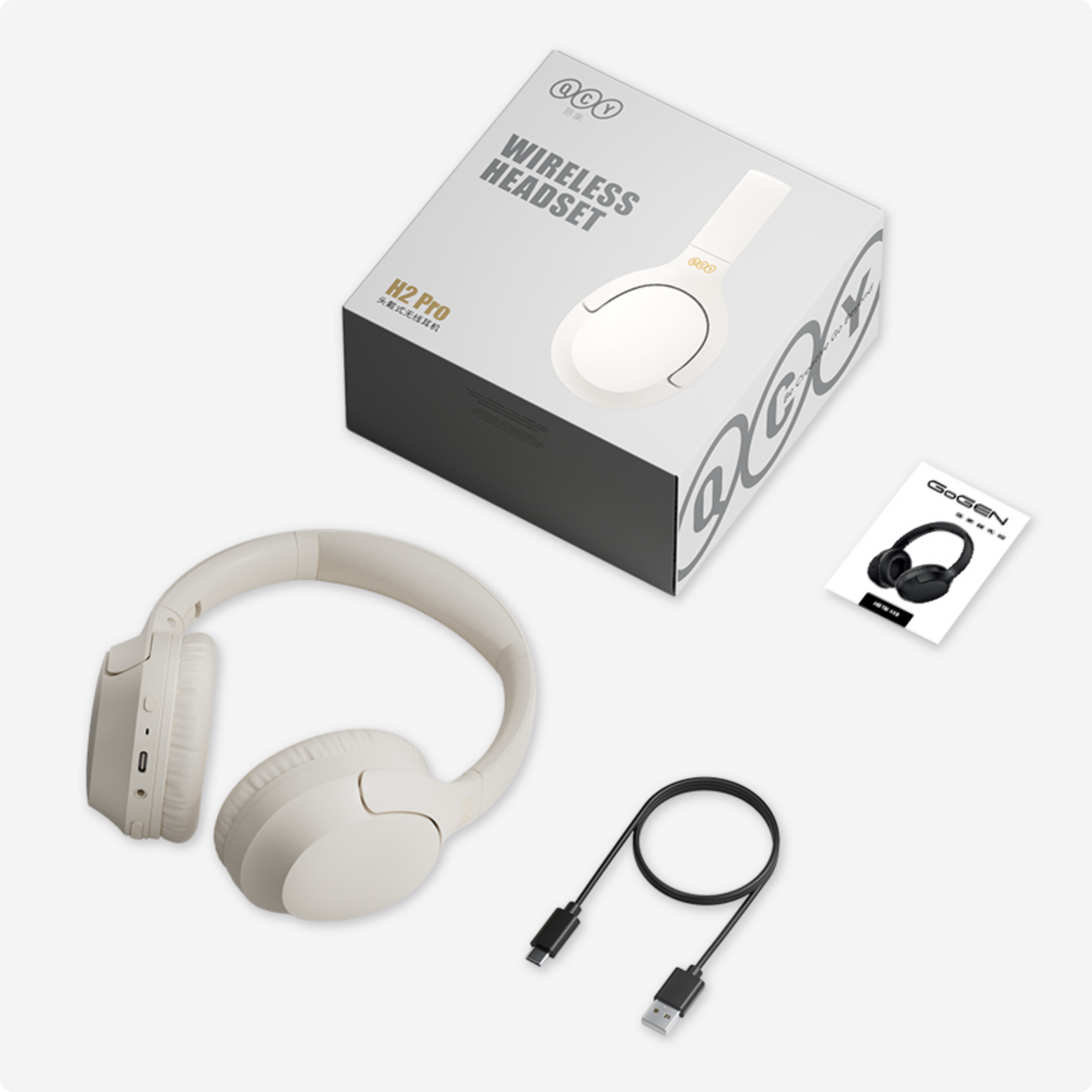Auriculares sem fios QCY H2 Pro – Branco, sem fios, com cabo de carregamento USB e manual.
