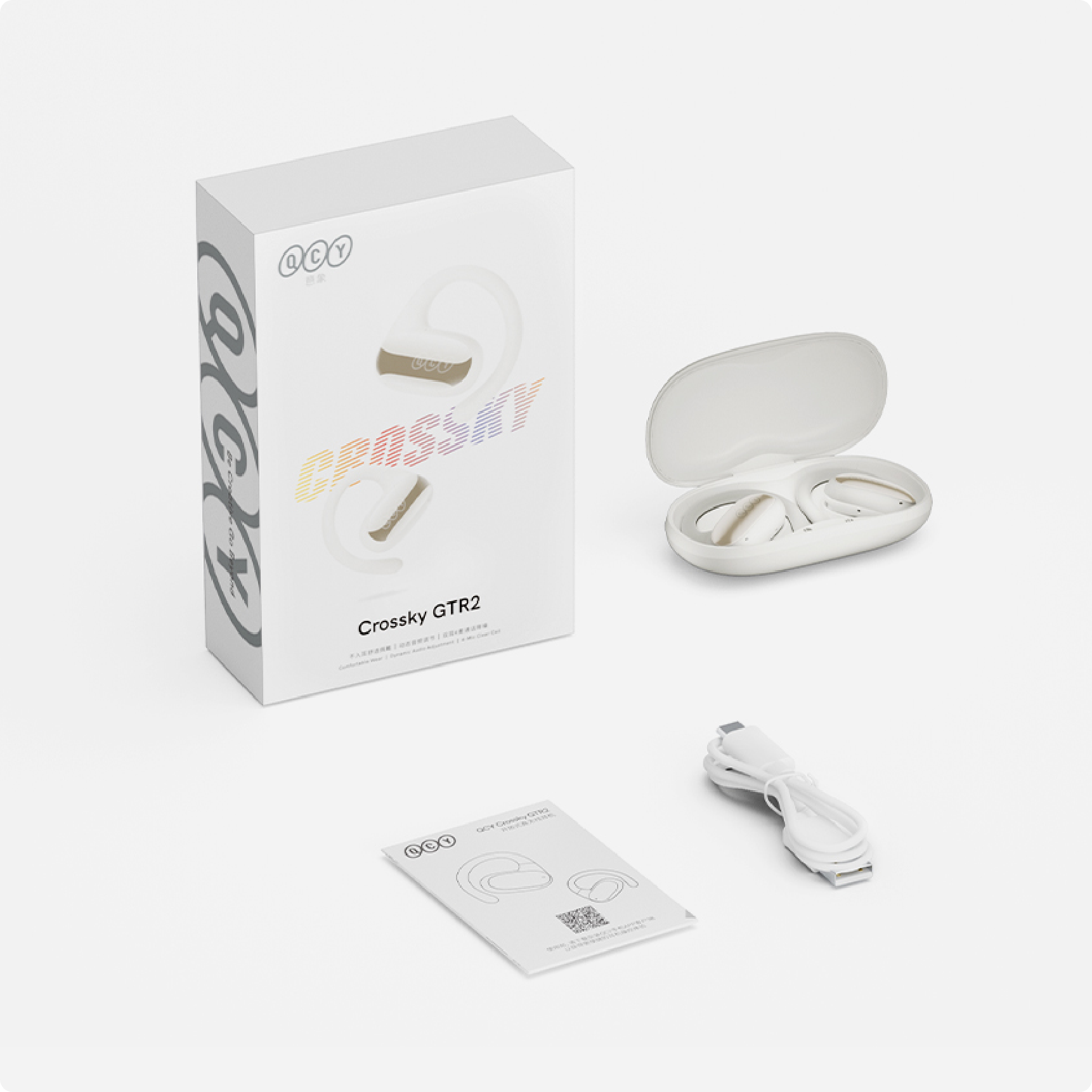 Auriculares Bluetooth QCY Crossky GTR2 brancos com estojo de carregamento, cabo USB e manual.