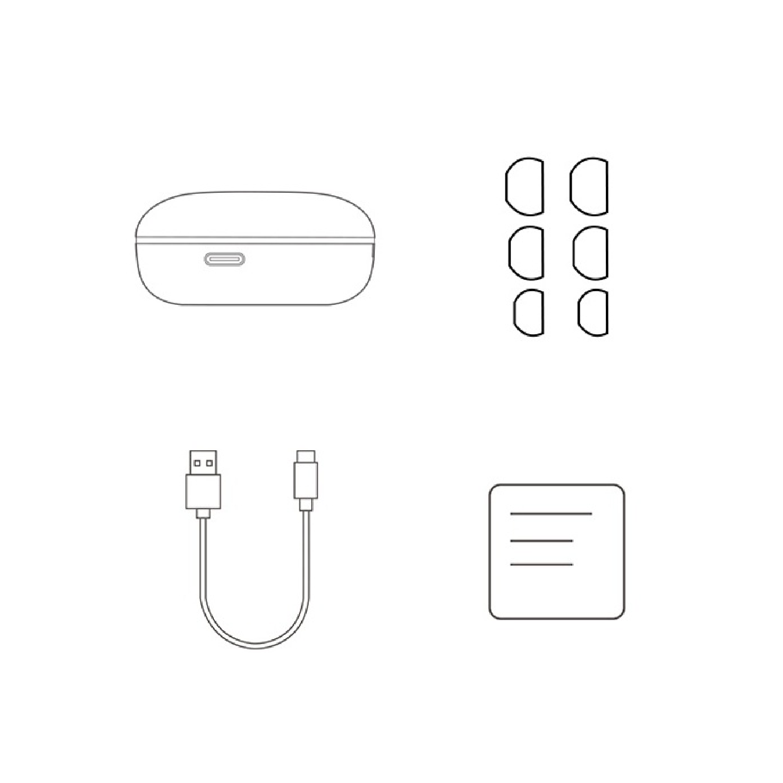 Peças sobresselentes para auscultadores sem fios: estojo, auriculares, cabo USB e manual.