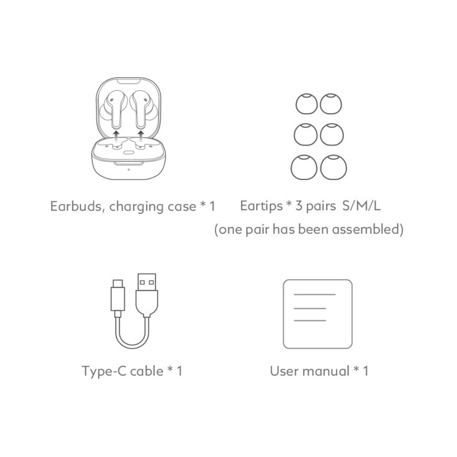 Conteúdo da embalagem: Auscultadores sem fios com estojo de carregamento, 3 pares de pontas de silicone (S/M/L), cabo USB-C e manual de instruções.