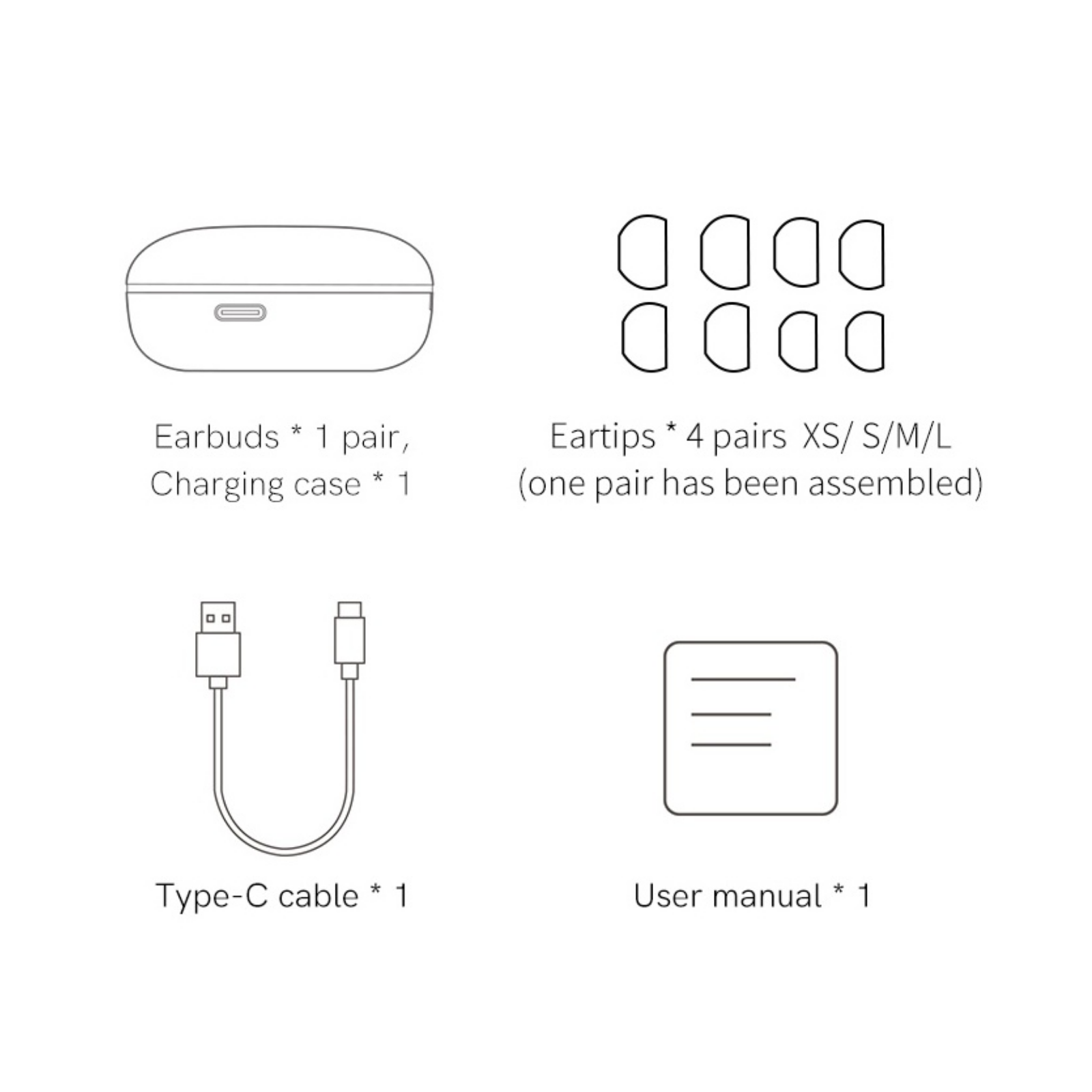 Auriculares intra-auriculares com estojo de carregamento, 4 tamanhos de pontas auriculares, cabo de carregamento USB-C e manual de instruções.