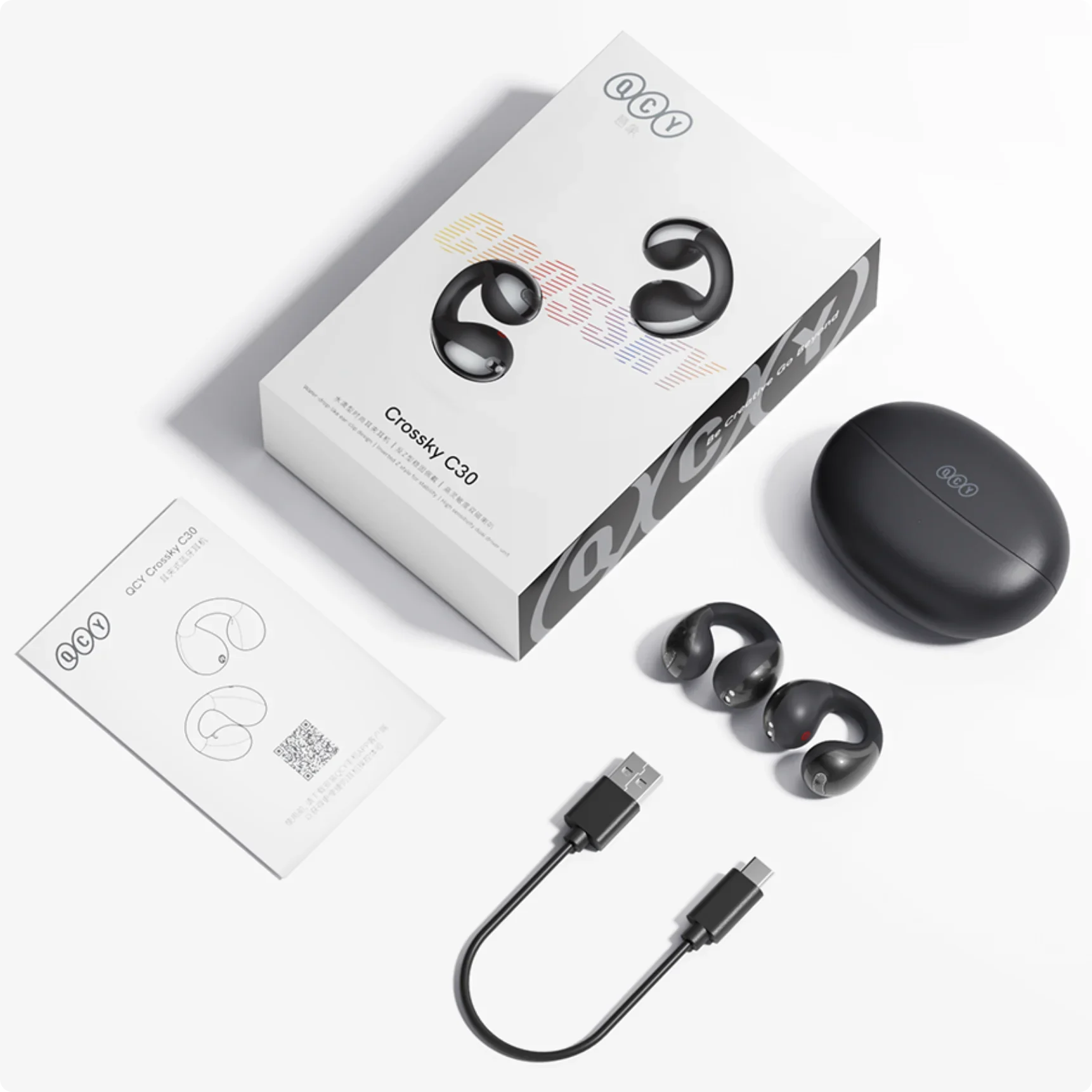 Auriculares QCY Crossky C30 de condução óssea com estojo de carregamento, cabo USB e manual – preto, design aberto para desporto e uso diário