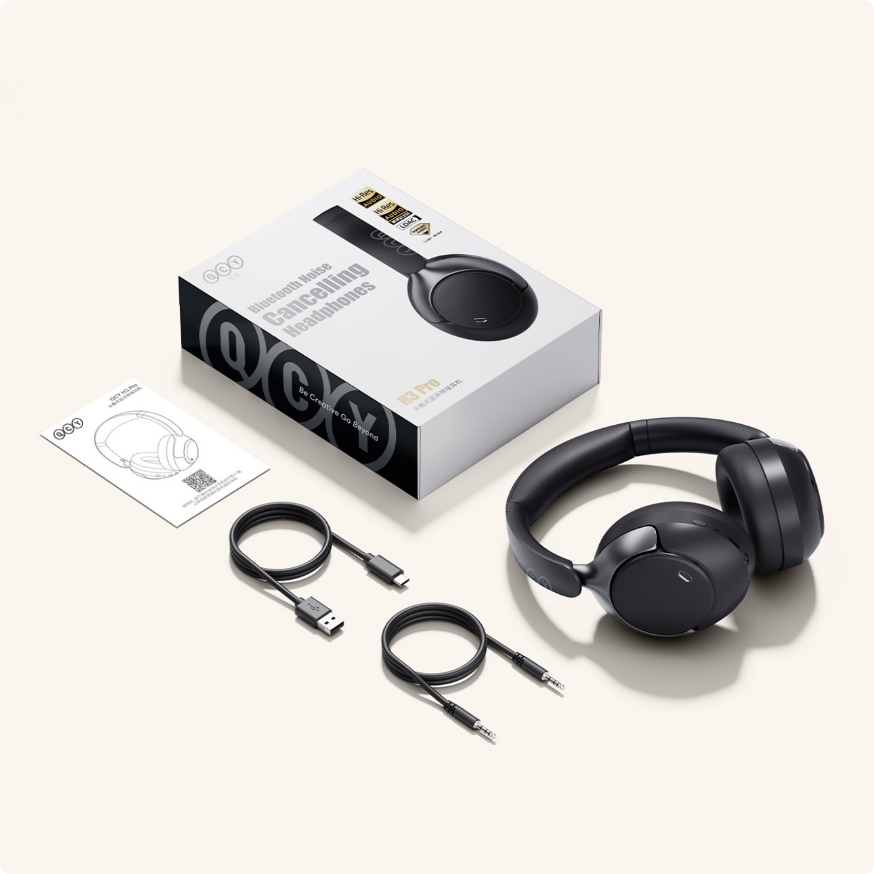 Auriculares Bluetooth QCY H3 Pro com cancelamento de ruído, cabos e embalagem.