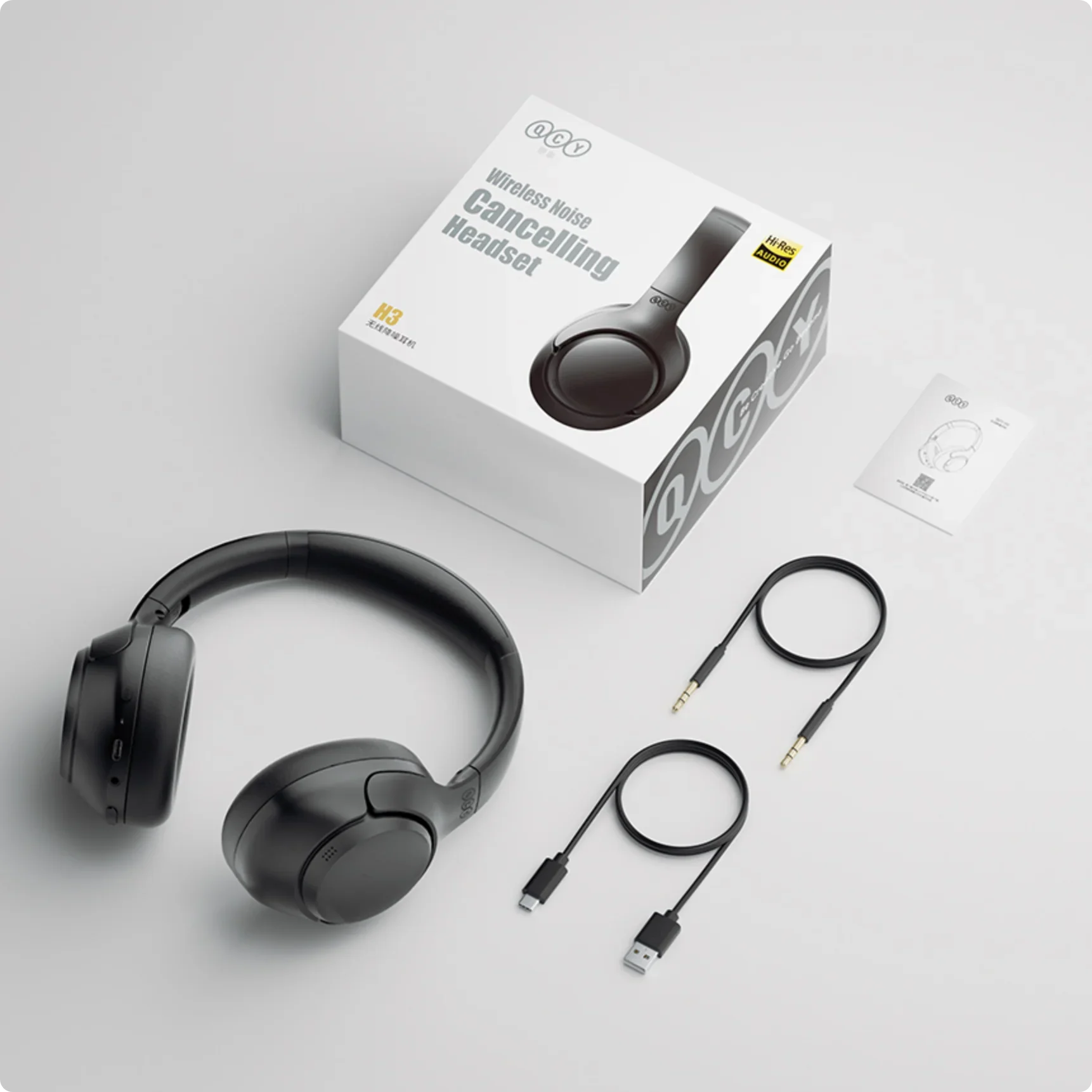 Auriculares sem fios QCY H3 com cancelamento de ruído, áudio Hi-Res, USB-C e cabo AUX.