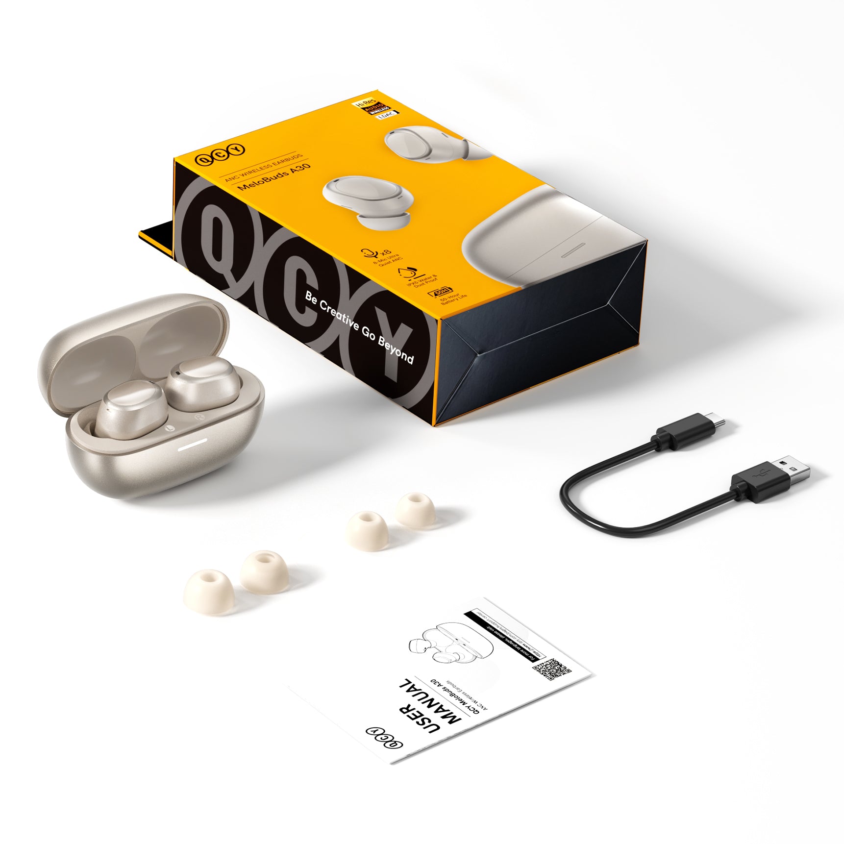 Auriculares True Wireless QCY Melobuds A30 com caixa de carregamento, cabo USB-C e pontas de ouvido de substituição.