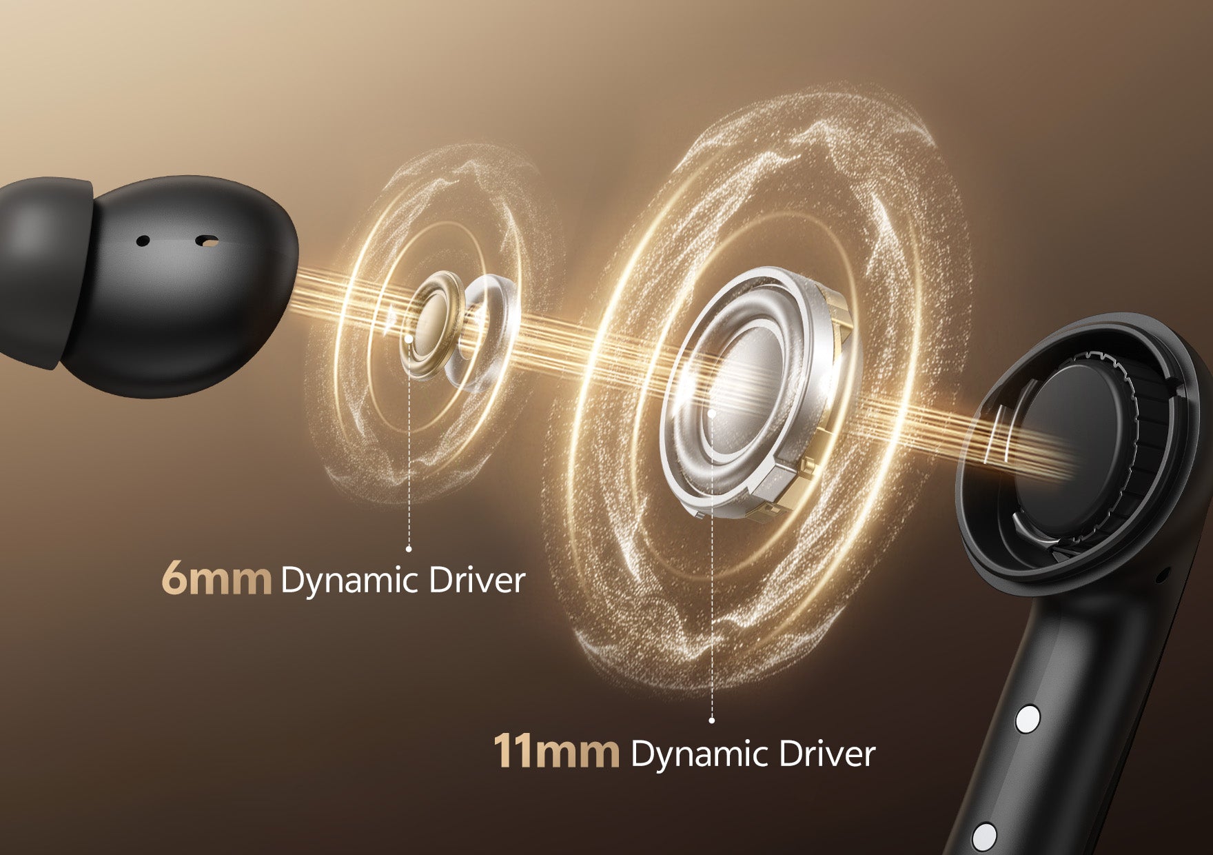 Auriculares com altifalantes dinâmicos de 6mm e 11mm para som em qualidade HiFi.