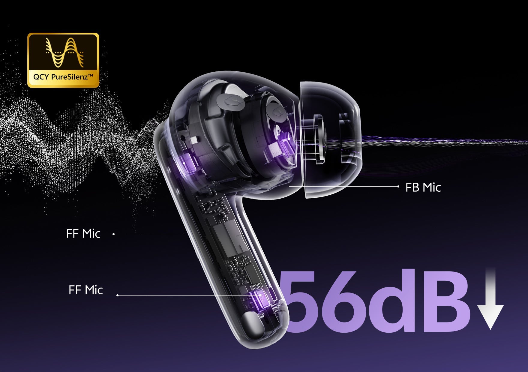 Auriculares True Wireless QCY com tecnologia PureSilenz™ e cancelamento de ruído de 56dB. Design transparente mostra o interior Mi