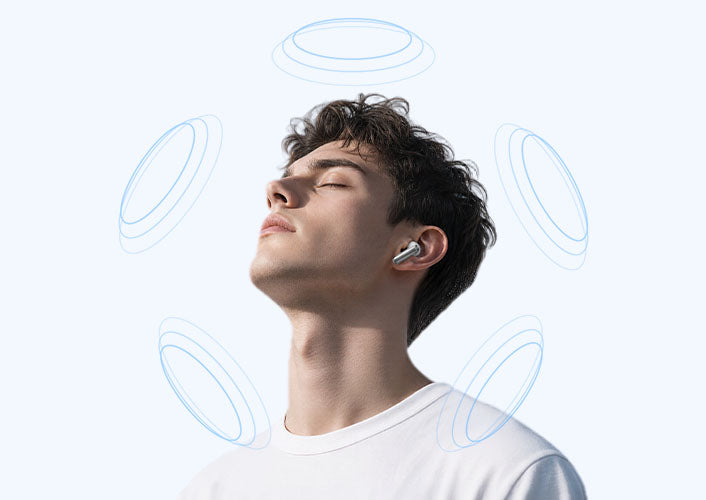 Jovem com auscultadores sem fios, experiência relaxante através de ondas sonoras.