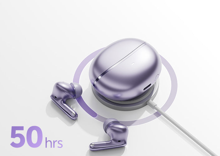 Auriculares Bluetooth lilás com caixa de carregamento, 50 horas de autonomia da bateria.