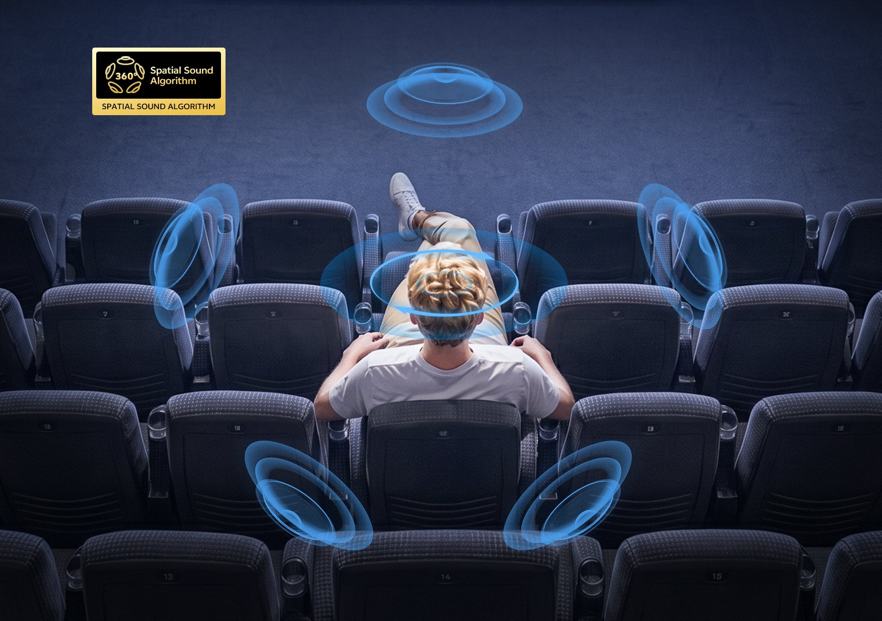 Homem no cinema com tecnologia de som ambiente 360°.