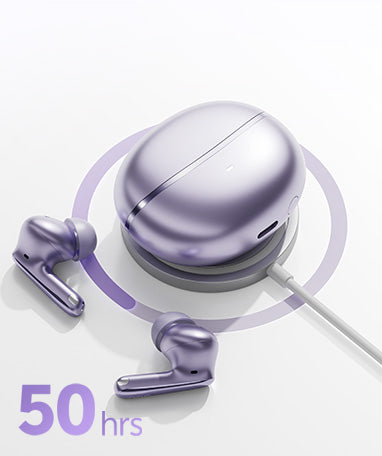 Auriculares sem fios lilás com caixa de carregamento, 50 horas de autonomia da bateria.