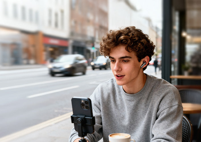 Jovem homem com auscultadores a filmar vídeo em frente a um café com smartphone