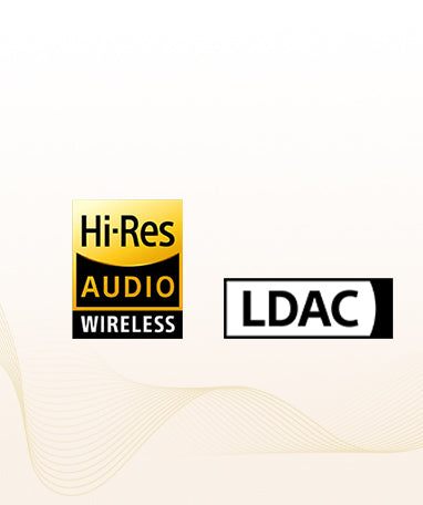 Logótipo Hi-Res Audio Wireless e LDAC para transmissão de áudio sem fios de alta qualidade.