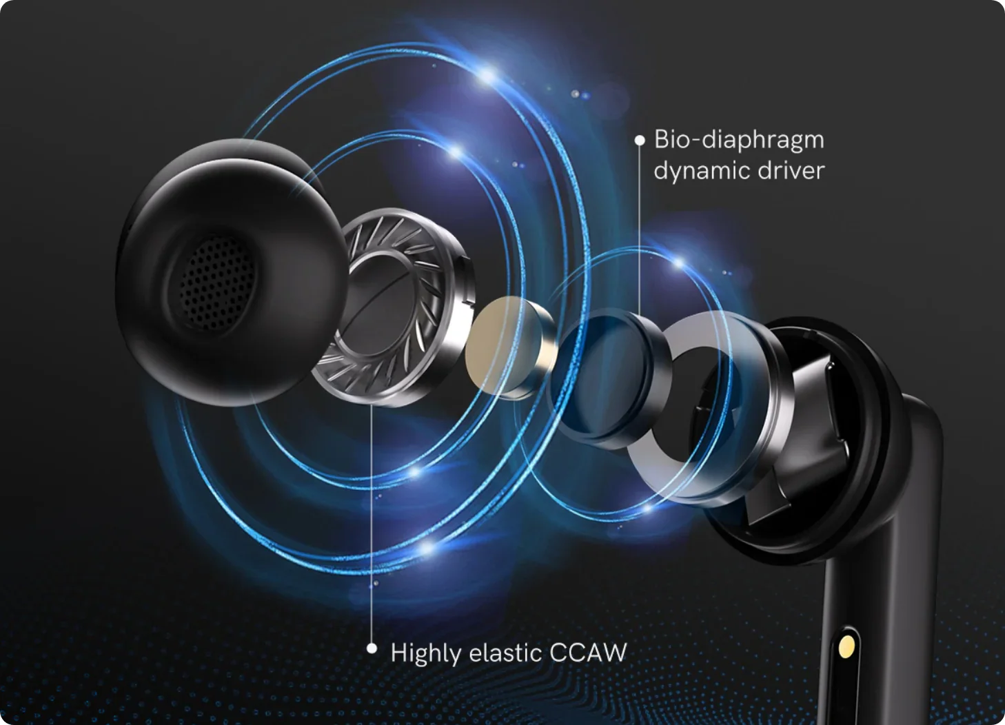 Auriculares intra-auriculares com drivers dinâmicos bio-diafragmáticos e CCAW de alta elasticidade para um som cristalino.