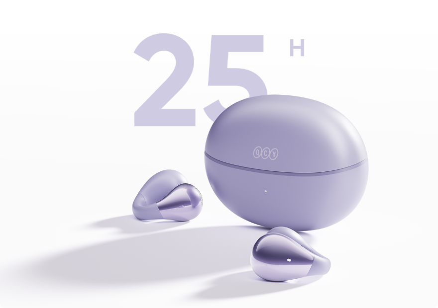 Auriculares QCY Melobuds ANC: 25h de autonomia, design roxo com estojo de carregamento.