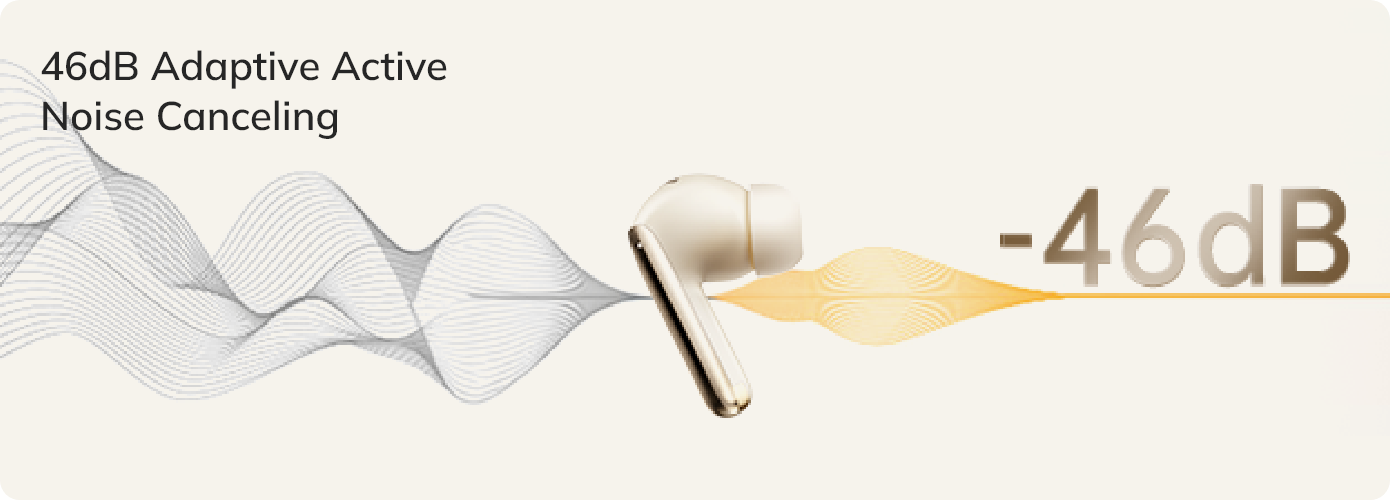Auriculares dourados com cancelamento ativo de ruído adaptativo de 46dB.