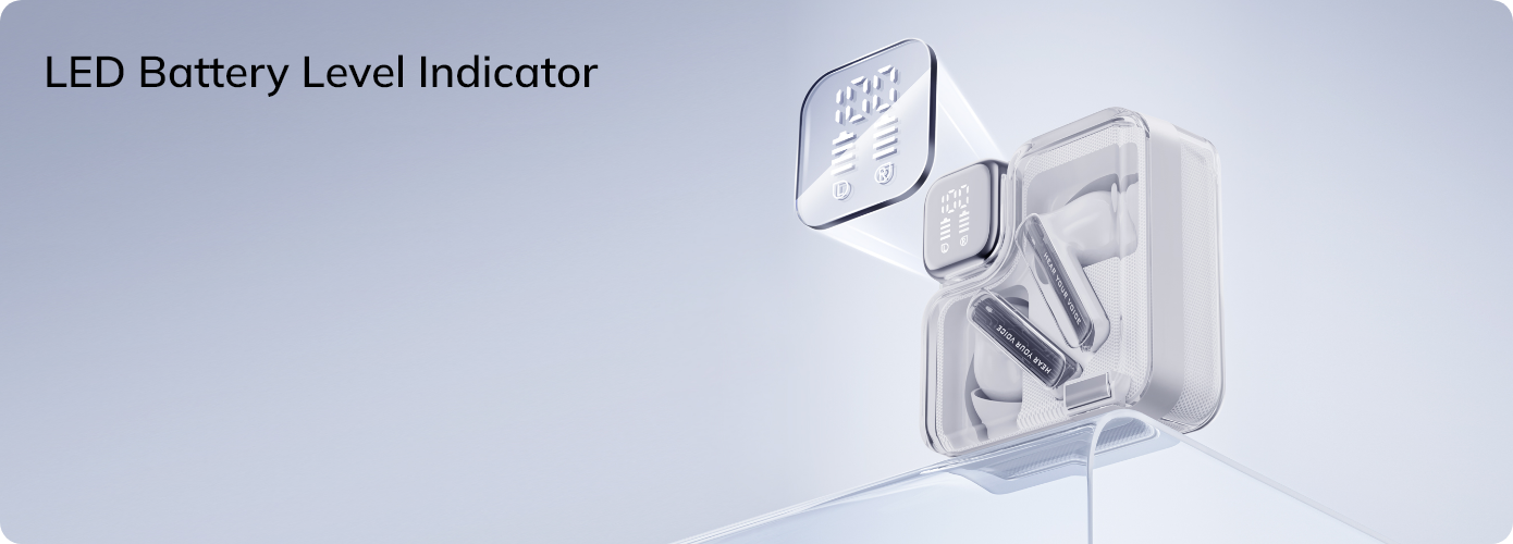 Auriculares Bluetooth transparentes com indicador LED da bateria na caixa de carregamento.