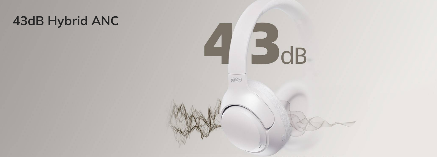 Auriculares over-ear brancos com ANC híbrido de 43dB – cancelamento de ruído visualizado por formas de onda.