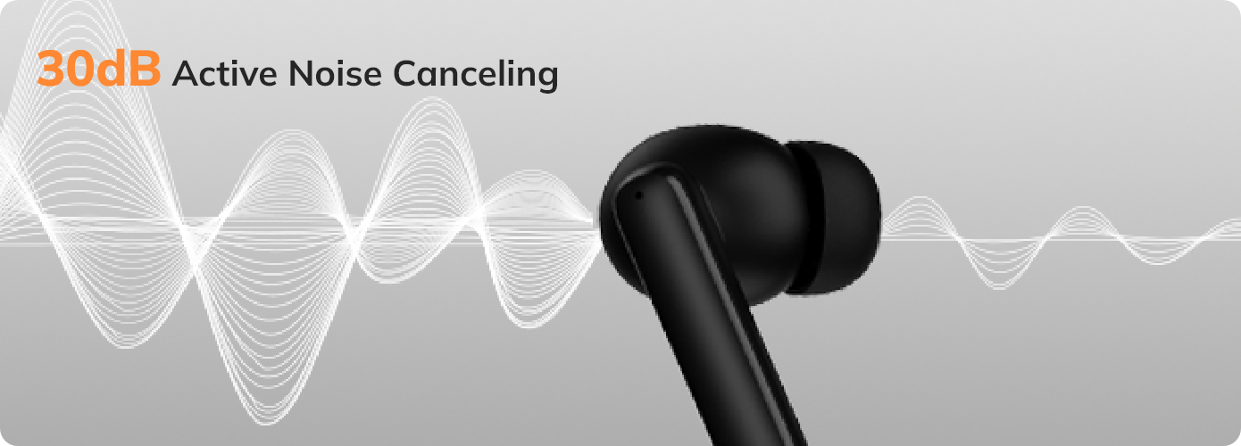 Auriculares intra-auriculares pretos com cancelamento ativo de ruído de 30dB contra fundo com ondas sonoras.