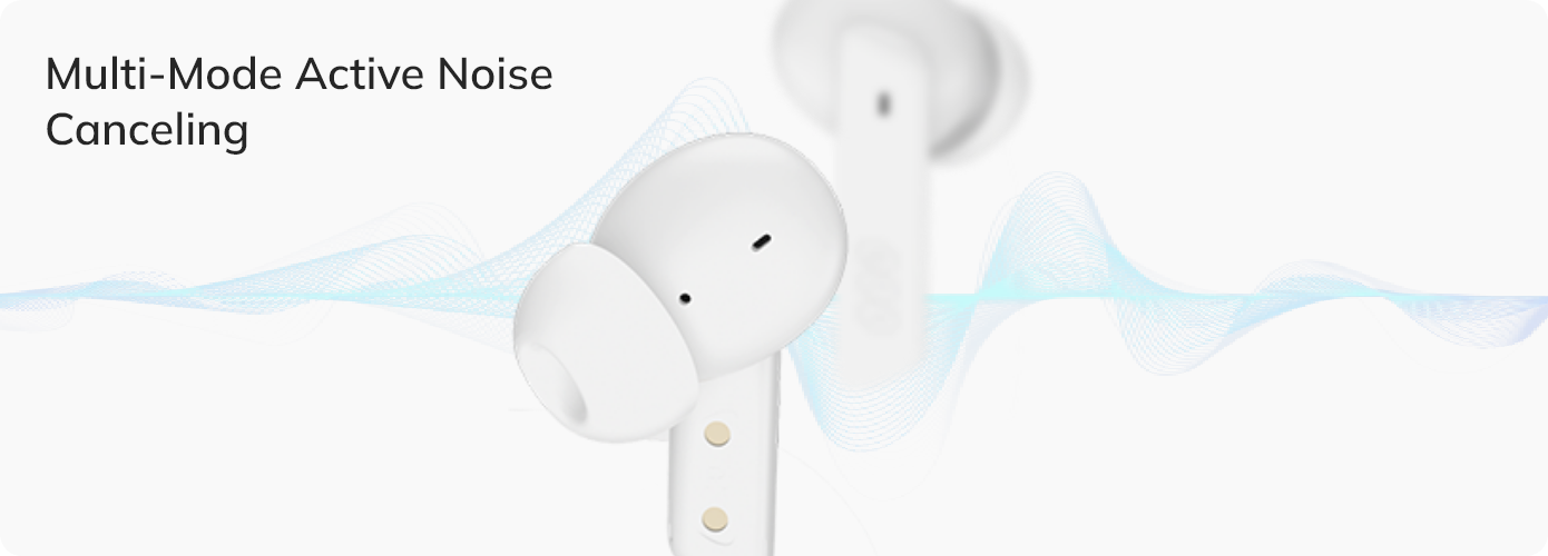 Auriculares sem fios brancos com cancelamento ativo de ruído multi-modo e visualização de ondas.