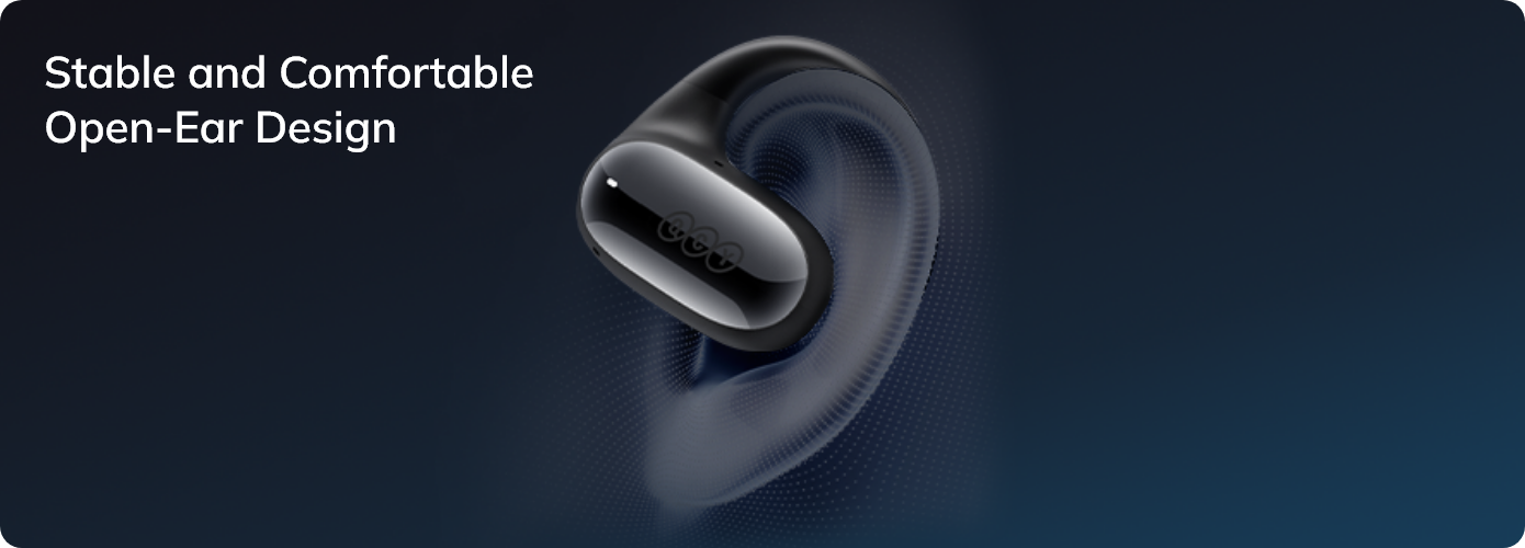 Design de auriculares Open-Ear estável e confortável para um ajuste seguro.