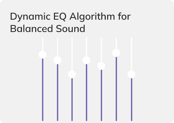 Algoritmo de EQ dinâmico para som equilibrado com controlos visuais para ajuste de frequência.