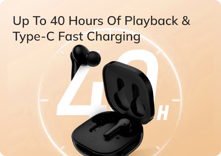 Auriculares Bluetooth pretos com estojo de carregamento, até 40 horas de reprodução e carregamento rápido Type-C.
