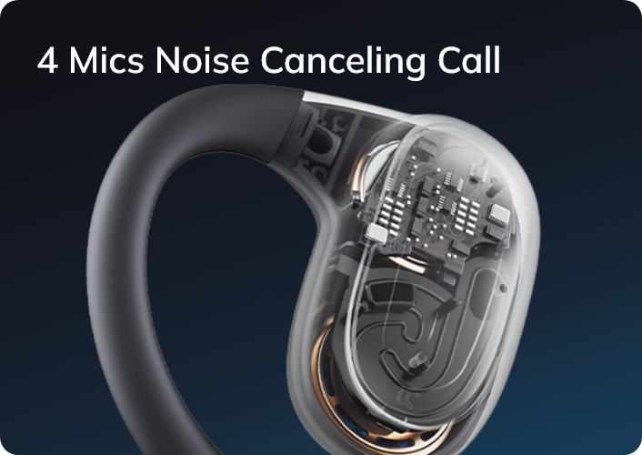 Representação transparente de um auricular com quatro microfones para chamadas com cancelamento de ruído.