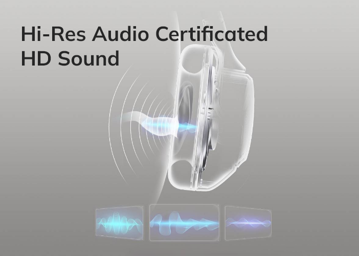 Auricular certificado Hi-Res Audio com som HD e painel detalhado de formas de onda.