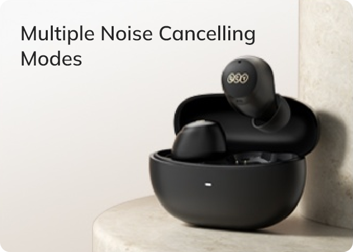 Auriculares True Wireless pretos com estojo de carregamento e cancelamento de ruído.