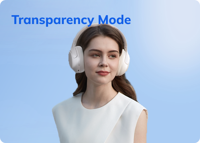 Mulher com auscultadores over-ear brancos em modo de transparência sobre fundo azul – design moderno para sons ambientais claros
