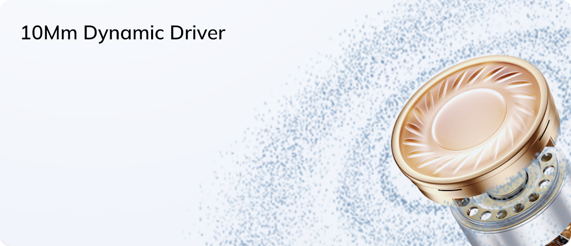 Driver dinâmico de 10 mm para som de alta qualidade em auscultadores com membrana dourada e design moderno.