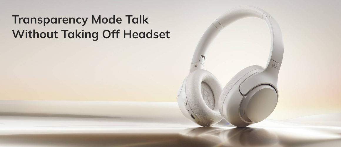 Auriculares over-ear brancos com modo de transparência – fale sem os tirar.