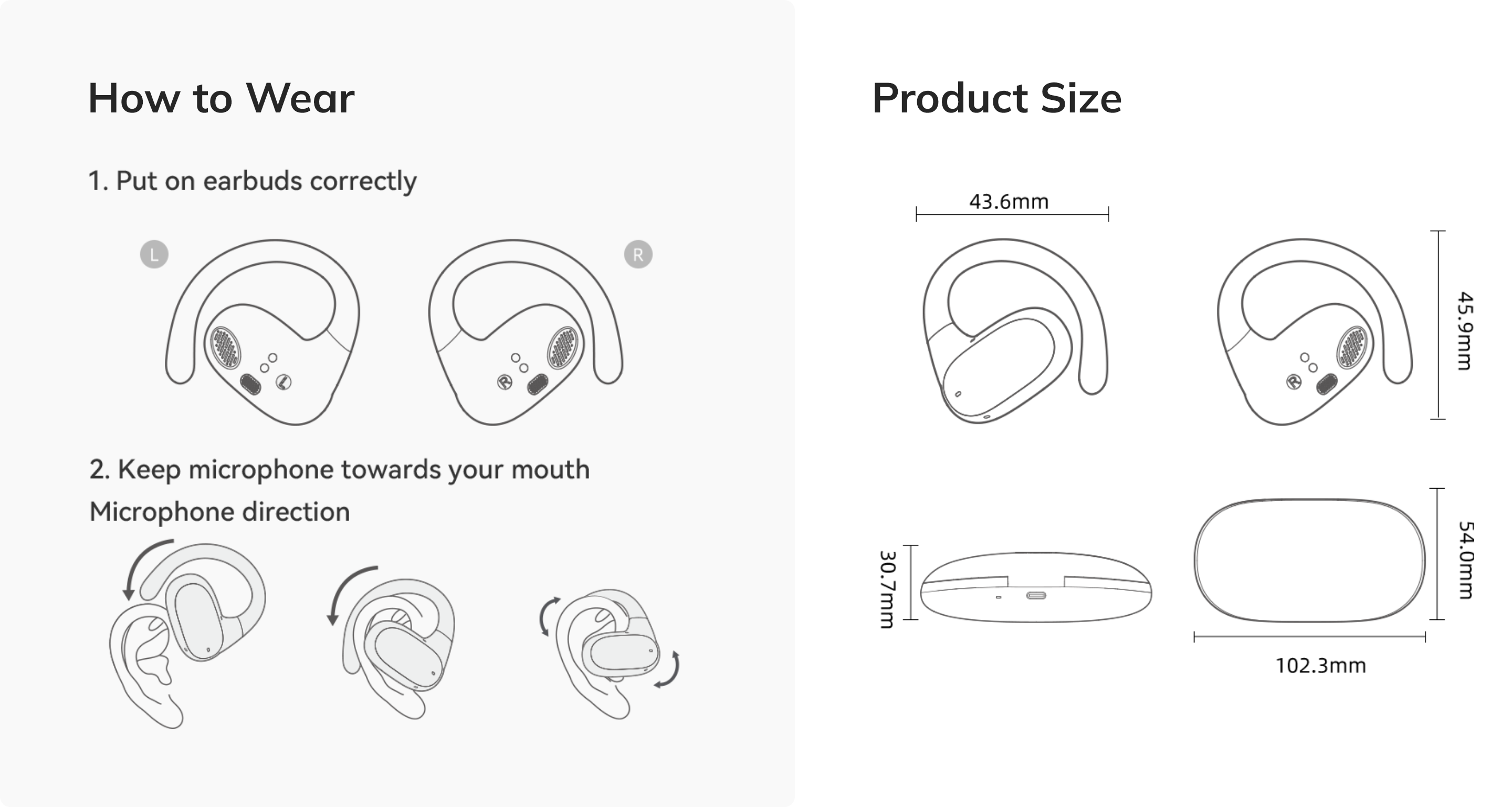 Instruções de uso e medidas do produto dos auriculares sem fios com direção do microfone e dimensões exatas em mm.