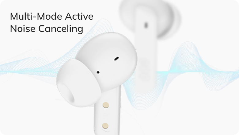 Auriculares sem fios brancos com cancelamento ativo de ruído multi-modo e linhas onduladas azuis ao fundo.