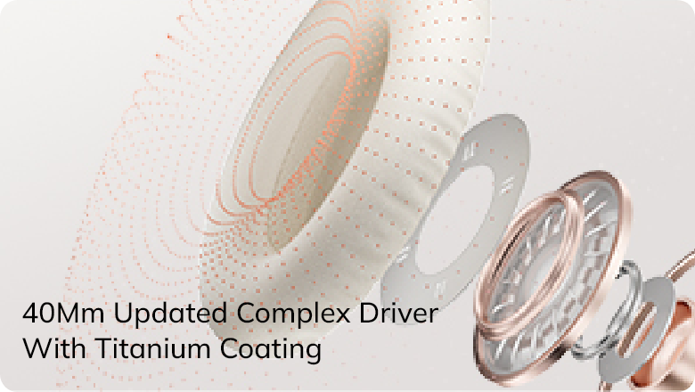 Driver complexo atualizado de 40mm com revestimento em titânio para desempenho de áudio de alta qualidade.