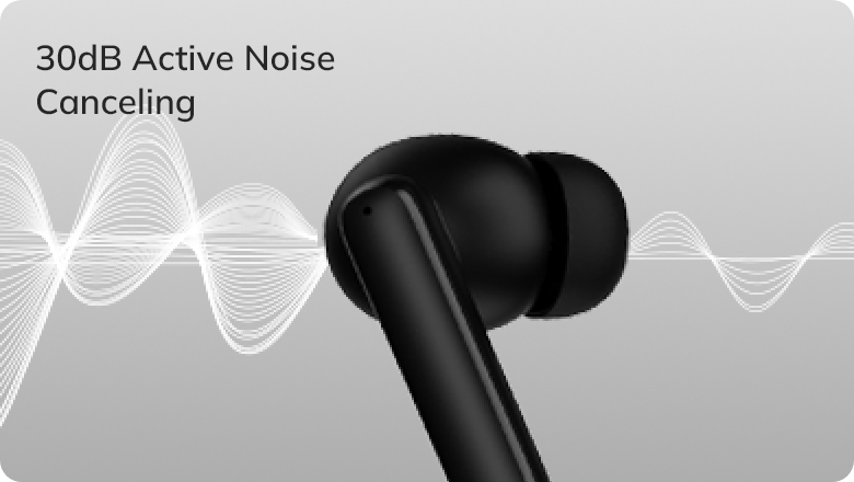 Auriculares intra-auriculares pretos com cancelamento ativo de ruído de 30dB, representados por um gráfico de ondas sonoras sobre um fundo cinzento.