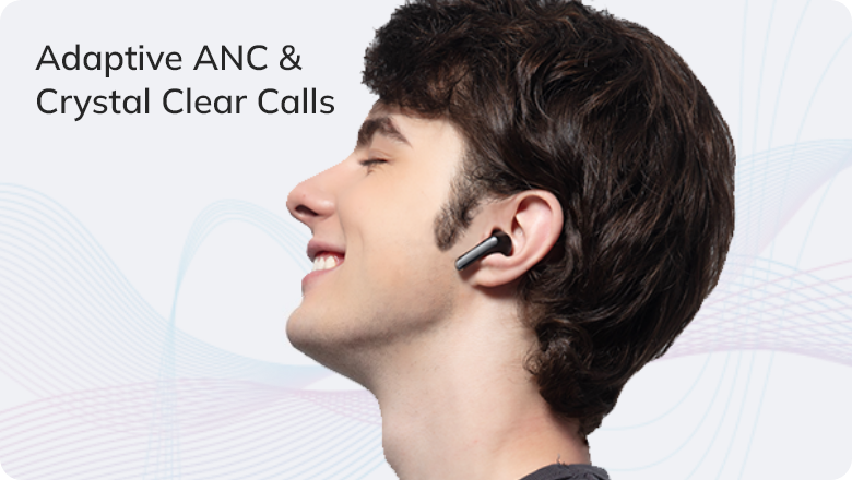 Homem com auricular sem fios, ANC adaptativo e chamadas cristalinas.