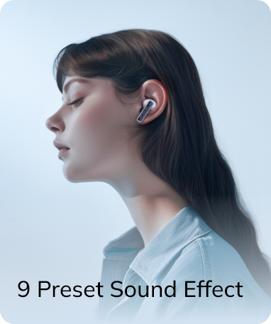Mulher com auricular sem fios, 9 efeitos sonoros predefinidos para uma experiência auditiva ótima.