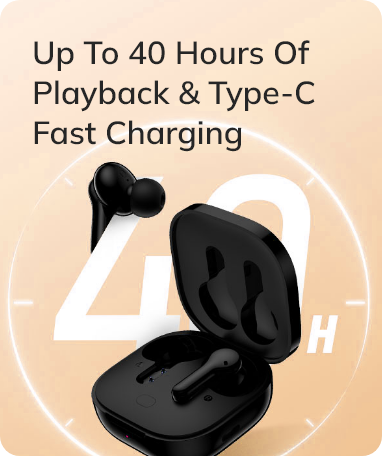 Auriculares True Wireless pretos com estojo de carregamento, até 40 horas de reprodução e carregamento rápido Type-C.