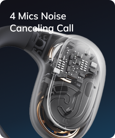 Representação transparente de um auricular com 4 microfones para chamadas com cancelamento de ruído.