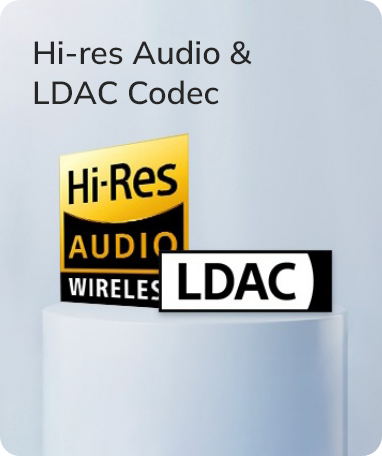 Logótipos Hi-Res Audio e LDAC Codec para qualidade de som sem fios de alta qualidade.
