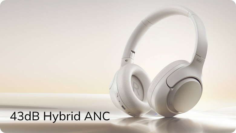 Auriculares over-ear brancos com ANC híbrido de 43dB, design moderno, acústica de alta qualidade e tecnologia de cancelamento de ruído.